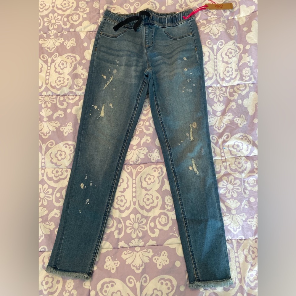 Justice Girls Destroyed Stretch Jeggings in Medium Wash Size 14 NWT Glitter Ties